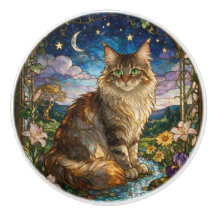 Katze Maine Coon im Stil von Jugendstil-Buntglas
