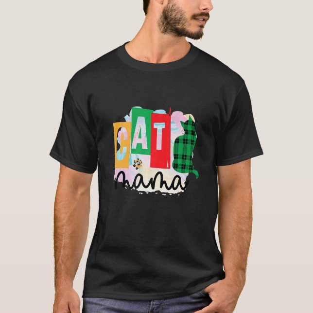 Katze Mama Grafik-Patchwork T-Shirt (Vorderseite)