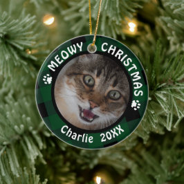 Katze "Meowy Christmas" 2-seitig 2-Foto Grün Karie Keramikornament