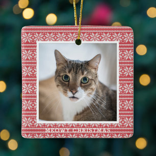 Katze Meowy Weihnachten Rot Gestrickt Haustier Keramikornament