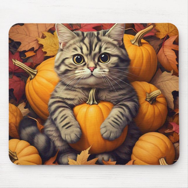 Katze mit Autumn Leaves und Pumpkins Mouse Pad Mousepad (Vorne)