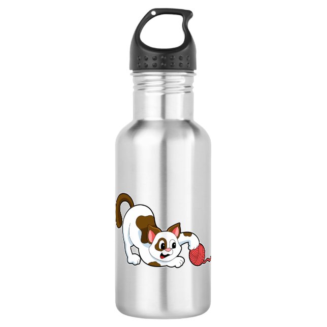Katze mit Ball aus Wolle Edelstahlflasche (Vorderseite)