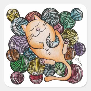 Katze mit Ball of Yarn Fun Cartoon Quadratischer Aufkleber