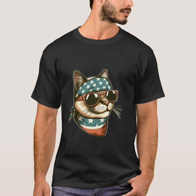 Katze mit Bandana und Sonnenbrille 4. Juli US Ame T-Shirt (Vorderseite)