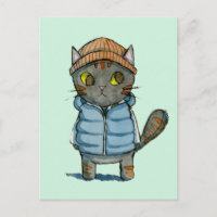 Katze mit Beanie und Down Vest Wasserfarbe