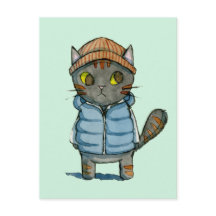 Katze mit Beanie und Down Vest Wasserfarbe
