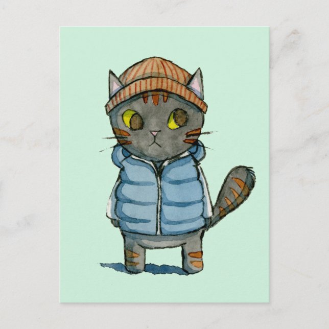 Katze mit Beanie und Down Vest Wasserfarbe Postkarte (Vorderseite)