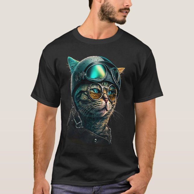 Katze mit Biker-Helm  Katzen T-Shirt (Vorderseite)