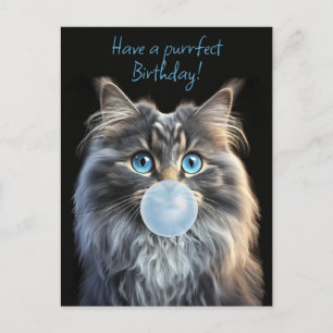 Katze mit blauen Augen bläst einen blauen Kaugummi Postkarte