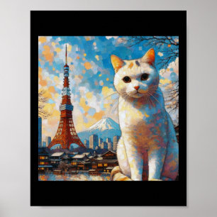 Katze mit Blick auf den Tokioter Turm mit Fuji im Poster