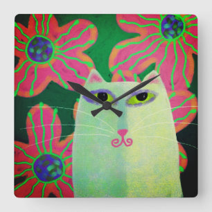 Katze mit Blume Abstrakt Art Quadratische Wanduhr