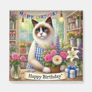 Katze mit Blume Happy Birthday Zeichen Magnet