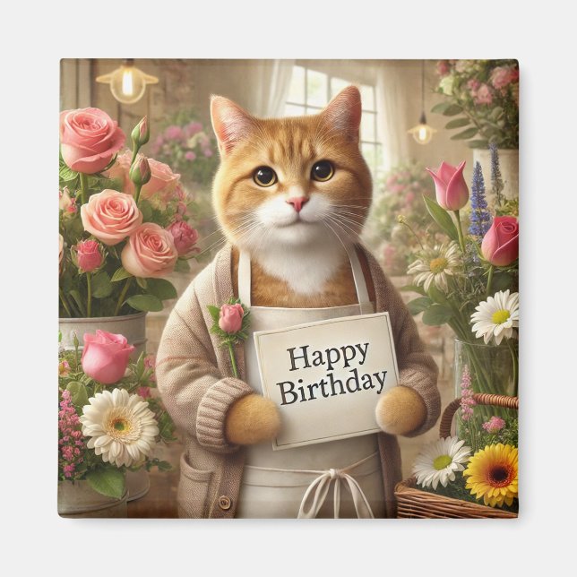Katze mit Blume Happy Birthday Zeichen Magnet (Vorne)