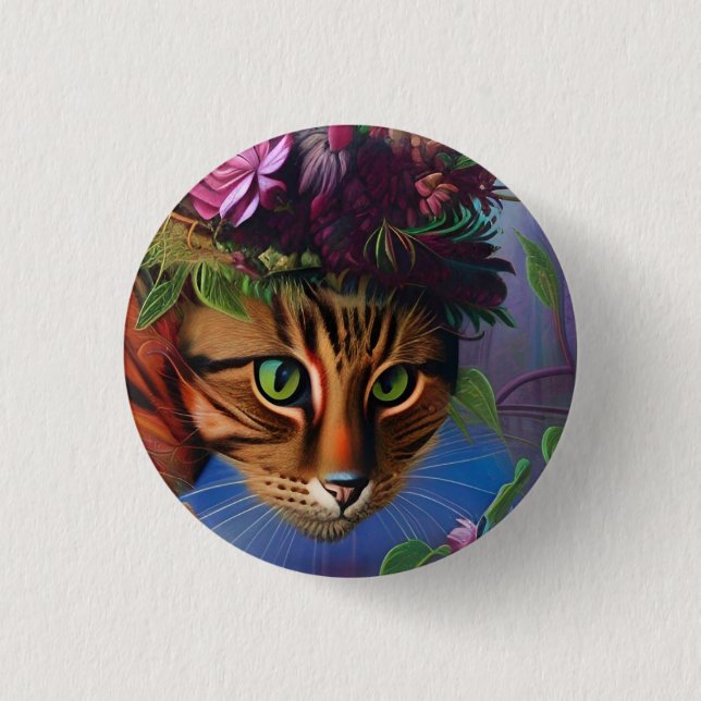 Katze mit Blume Hut Button (Vorderseite)