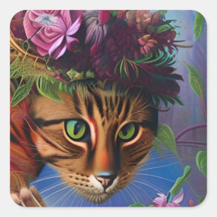 Katze mit Blume Hut Quadratischer Aufkleber