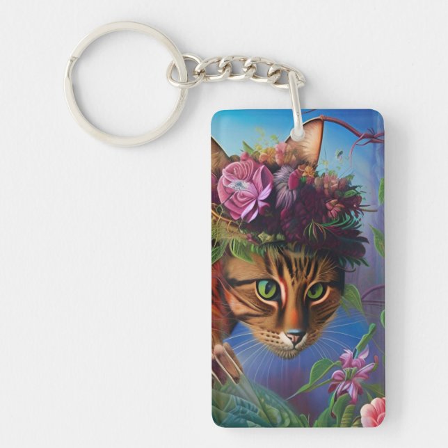 Katze mit Blume Hut Schlüsselanhänger (Vorderseite)