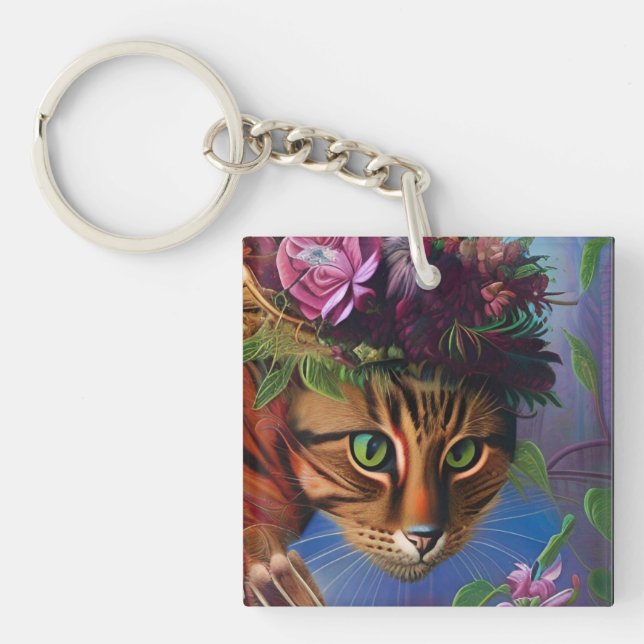 Katze mit Blume Hut Schlüsselanhänger (Vorderseite)