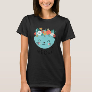 Katze mit Blume Kopf Kränze Blumenkatze Kontur T-Shirt