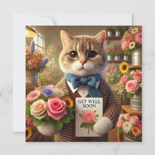 Katze mit Blume mit Get well Balon Card (Vorderseite)