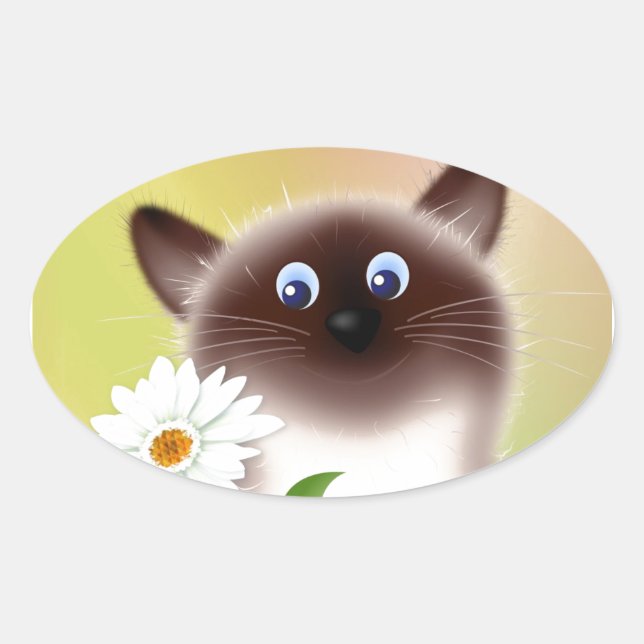 Katze mit Blume Ovaler Aufkleber (Vorderseite)