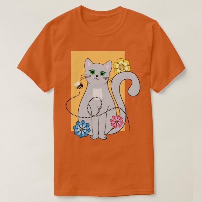 Katze mit Blume und einer Biene T-Shirt (Design vorne)