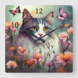 Katze mit Blume und Schmetterlingen Kat 701 Quadratische Wanduhr