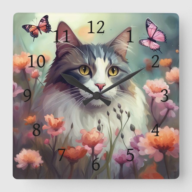 Katze mit Blume und Schmetterlingen Kat 701 Quadratische Wanduhr (Vorderseite)