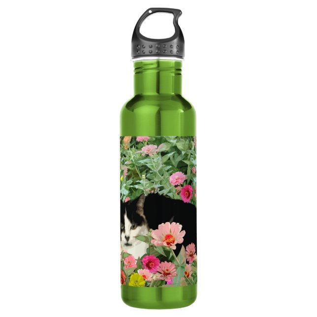 Katze mit Blumen Edelstahlflasche (Vorderseite)