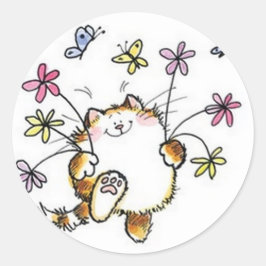 Katze mit Blumen Runder Aufkleber