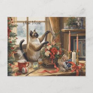 Katze mit Blumen Winter Weihnachtskollektion Feiertagspostkarte