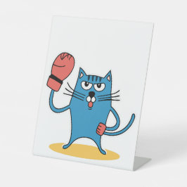 Katze mit Boxhandschuhen Sockelschild
