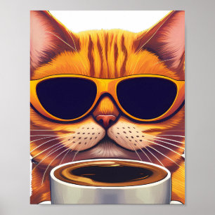 Katze mit Brille Kaffee trinken Poster