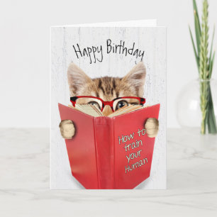 Katze mit Brille und rotem Buch auf Holz Karte