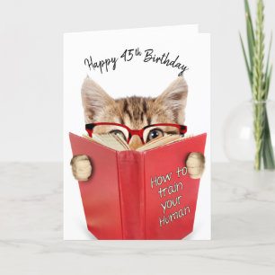 Katze mit Brille und Rotes Buch 45. Geburtstag Karte
