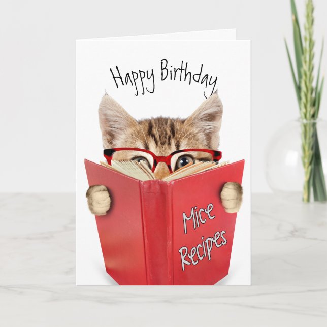 Katze mit Brille und Rotes Buch Geburtstag Karte (Vorderseite)