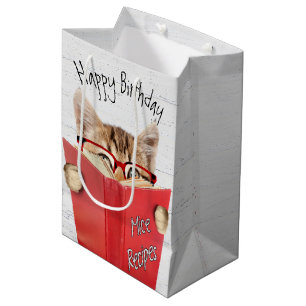 Katze mit Brille und Rotes Buch Geburtstag Mittlere Geschenktüte