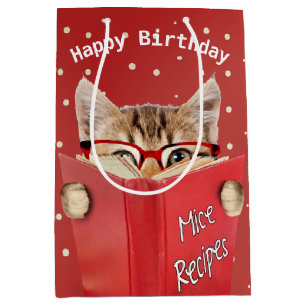 Katze mit Brille und Rotes Buch Geburtstag Mittlere Geschenktüte