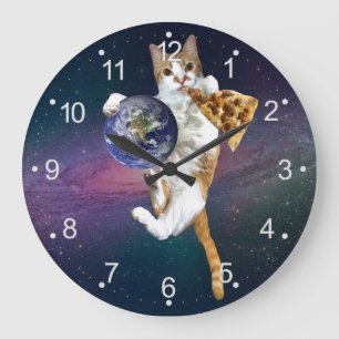 Katze mit dem Planeten und Pizza essen Große Wanduhr