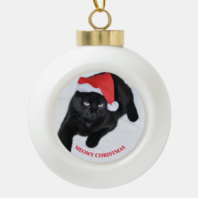 Katze mit der roten Weihnachtsmannmütze Keramik Kugel-Ornament (Vorderseite)