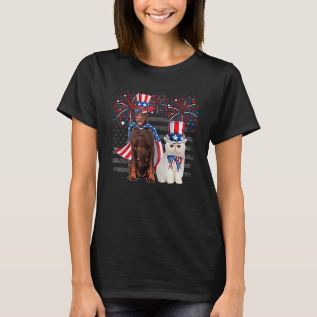 Katze mit Dobermann Sonnenbrille Amerikanische Fla T-Shirt (Vorderseite)