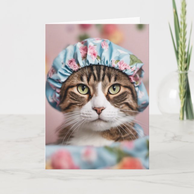 Katze mit Duschhaube Geburtstag Karte (Vorderseite)