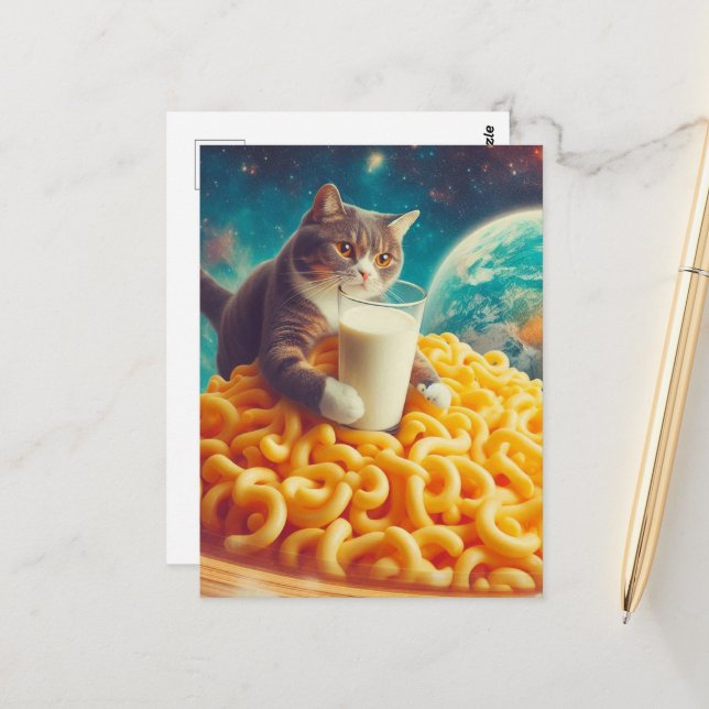 Katze Mit einem Glas Milch auf einem Planeten Käse Postkarte (Vorderseite/Rückseite Beispiel)