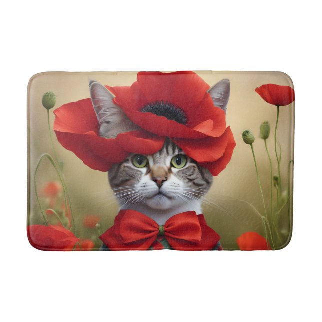 Katze mit einem Kleid aus einem Mohnblumenmuster Badematte (Vorderseite)