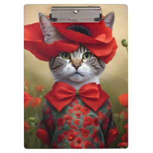 Katze mit einem Kleid aus einem Mohnblumenmuster Klemmbrett