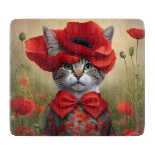 Katze mit einem Kleid aus einem Mohnblumenmuster Schneidebrett