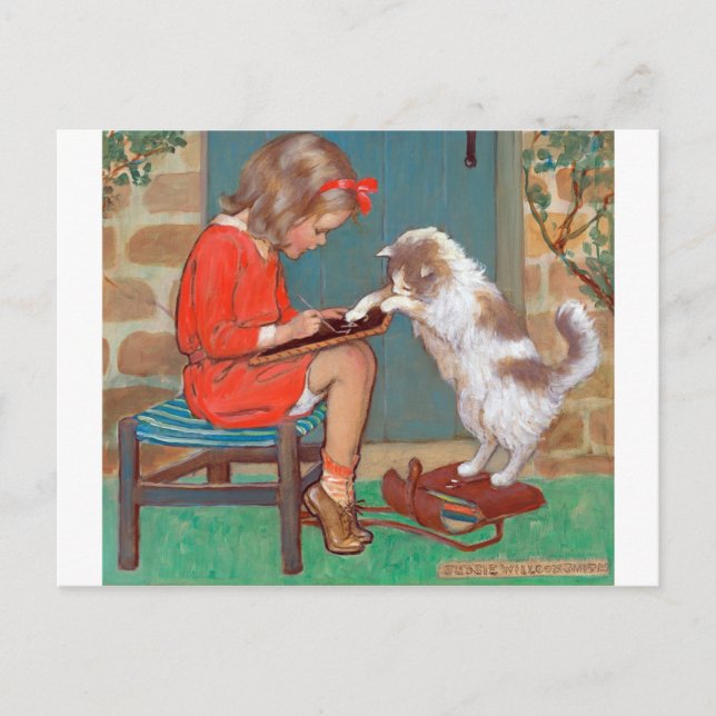 Katze mit einem Mädchen, Jessie Willcox Smith Postkarte (Vorderseite)