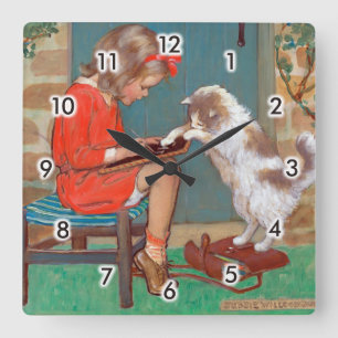 Katze mit einem Mädchen, Jessie Willcox Smith Quadratische Wanduhr