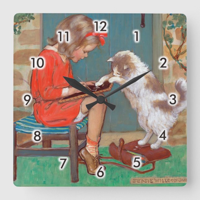 Katze mit einem Mädchen, Jessie Willcox Smith Quadratische Wanduhr (Vorderseite)