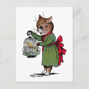 Katze mit einem Vogelkäfig, Louis Wain Postkarte