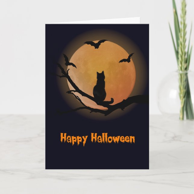 Katze mit einem Vollmond Halloween Karte (Vorderseite)